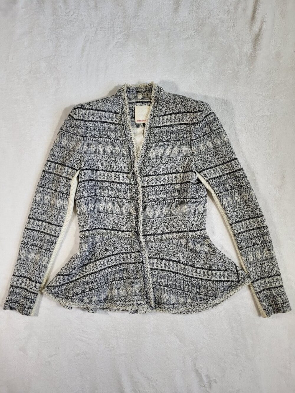 Rebecca Taylor Tweed Jacket Size 8 Black White Chain Trim Frayed Raw Edge